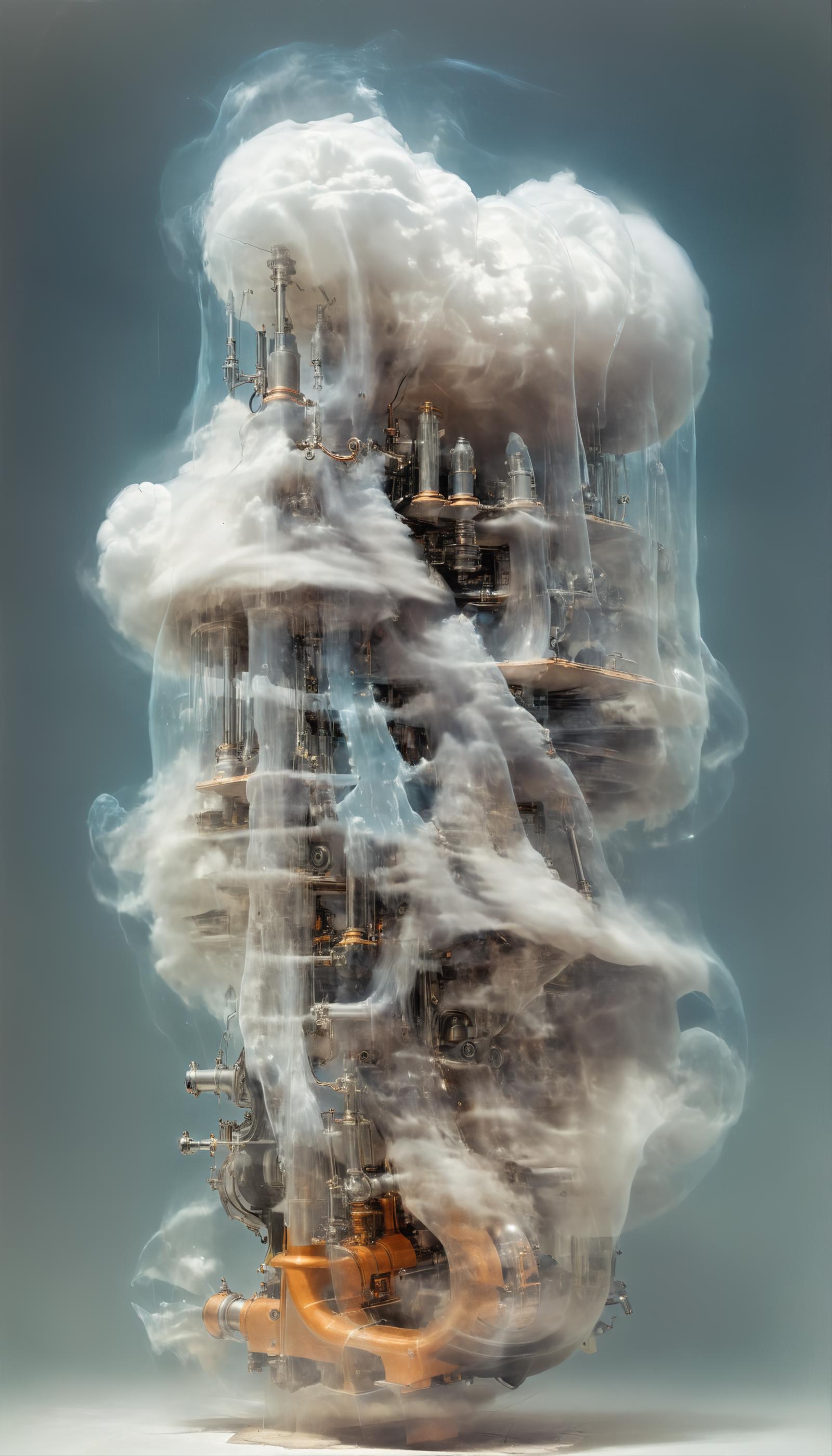 A towering cloudy structure with machinery inside.