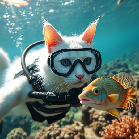 a white cat blue eyes doing scubadiving, cat wearing scuba equipment,cat trying to catch a fish, scuba ,mouth regulator underwater, tropical reef , sea, sunny day, hyper detailed, ultra detailed, hight resolution textures, masterpiece, best quality, 32K UHD,