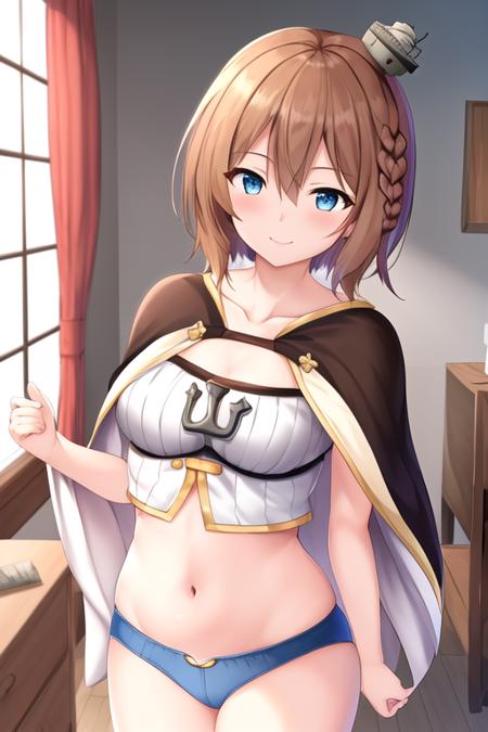 masterpiece, best quality, highres, solo, {repulse_azurlane:1.10}, blue_eyes, brown_hair, breasts, blush, smile, short_hair, bangs, hair_between_eyes, navel, braid, medium_breasts, collarbone, midriff, capelet