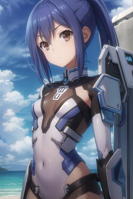 mana takamiya, long hair, hair between eyes, (brown eyes:1.3), blue hair, ponytail, sidelocks, armor, leotard, bodysuit, covered navel, headgear, mecha musume,