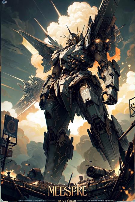 masterpiece, best quality, extremely high detailed, intricate, 8k, HDR, wallpaper, cinematic lighting, (((movie poster))), Mecha, from below, spaceship above, explosions in the sky, dutch angle, , <lora:CircuitBoardMecha:1>