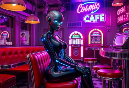 A sleek humanoid android with polished chrome and matte black body panels, glowing blue circuit patterns visible beneath translucent skin sections, sitting at a red vinyl booth in a classic 1950s American diner. The android has an elegant feminine form with articulated joints, LED strip accents along the limbs, and softly glowing cyan eyes. Subtle holographic displays project from forearm panels. Classic diner interior with checkered black and white floor tiles, red vinyl booths and chrome-trimmed stools, curved chrome counter with glass pie cases. Retro jukebox in corner with colorful lights. Vibrant neon lighting casting pink, blue, and purple glows throughout the space. Neon signs on walls reading "COSMIC CAFÉ" and "OPEN 24/7" in retro cursive fonts. Atmospheric haze and light rays cutting through smoky air. Warm tungsten lighting from vintage pendant lamps mixed with cool neon colors. Holographic menu displays floating above tables, digital rain effects on windows, subtle glitch artifacts in reflections, chrome surfaces reflecting neon colors, futuristic modifications to classic diner equipment with LED accents and digital displays. Cyberpunk atmosphere, cinematic composition, dramatic lighting, high contrast, photorealistic rendering, detailed textures, 8K quality, professional photography style, slight film grain, color grading with cyan and magenta tones, retro-futuristic aesthetic.