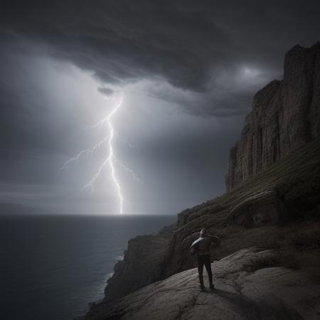 A knight in shining armor faces off against a massive, shadowy dragon on the edge of a cliff under a stormy sky. Lightning illuminates the scene, casting dramatic shadows, and the knight’s sword glows with a magical aura. Dark clouds swirl above, giving an epic, intense atmosphere.