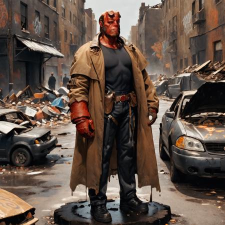 Embrace the timeless style of J.C. Leyendecker's illustrations h3llb0y man, standing on the roof of a destroyed burned car with graffiti and rust, background of gritty street, trash, litter, wet asphalt, broken buildings, trench coat, black shirt <lora:hellboy-v2-000008:0.7> . Bold, elegant lines, distinctive character design, classic charm