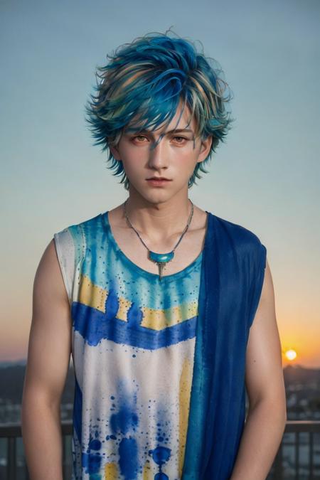 <lora:handsome:0.7> 1boy,blue hair, multicolored hair, necklace,solo,sunset