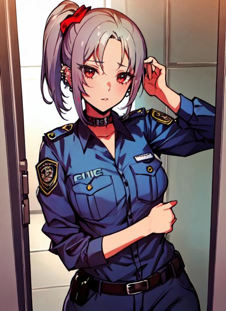 masterpiece, best quality, 1girl, fefe, short grey hair, red eyes, side ponytail, piercing, medium breasts, 
police uniform, policewoman, prison cell,  
<lora:fefe-000008:0.85>