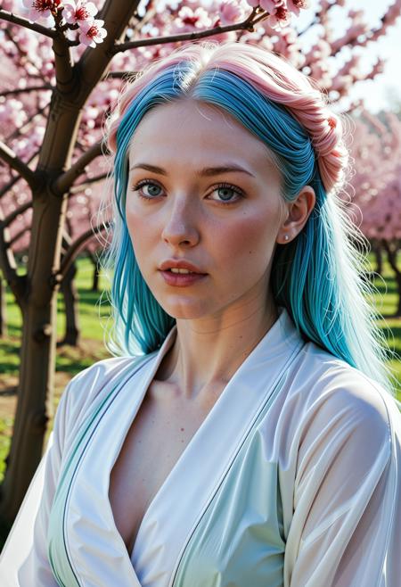 analogue portrait photo clear focus, high resolution image, of a beautiful 25 years Beautiful ((pale skin)), (blue eyes) woman, dyed pink hair, <lora:Nadine_SDXL:0.8>, ,wearing Hanfu, ,,low light, soft natural light, Rembrandt style light, Hasselblad DLSR camera, 200mm Zeiss lens, f/2.8, ,Sexy pose, erotic pose, exhibitionism ,A peaceful orchard with rows of fruit trees and buzzing bees