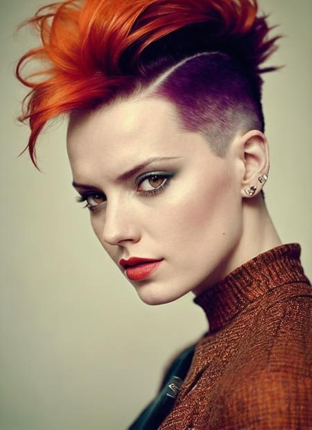 portrait of sks woman by Flora Borsi, style by Flora Borsi, bold, bright colours, orange Mohawk haircut, ((Flora Borsi)), <lora:locon_daisy_v1_from_v1_64_32:1.3>