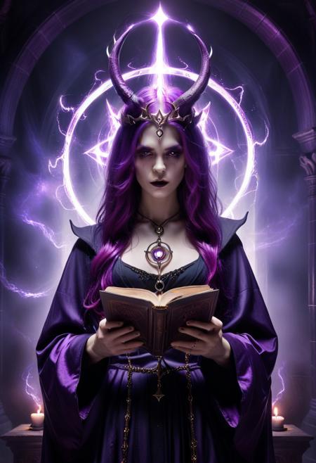 score_9, score_8_up, score_7_up, score_6_up, score_5_up, score_4_up, (absurdres, best quality, masterpiece:1.4), illustration, photorealistic, cinematic lighting, dynamic angle, perfect composition, demon, long purple hair, horned crown, glowing symbols, dark aura, ancient tome, magic circle, midnight, intense focus, gothic robe, purple glow