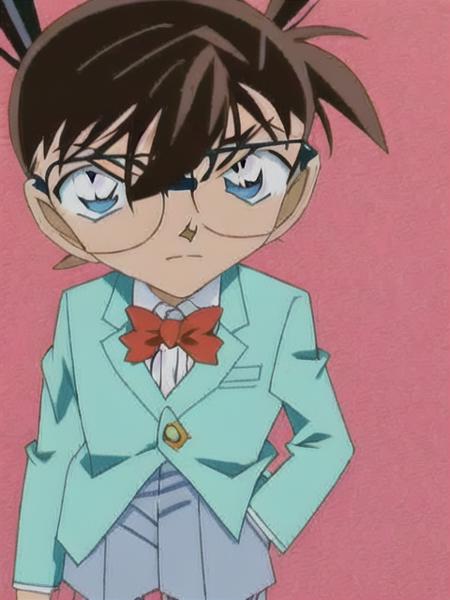 <conan>, solo, 1boy, male focus, glasses, male child, blue eyes, brown hair, bow, shoes, bowtie, sneakers, jacket, school uniform, red bow, shorts, simple background, red bowtie, child, blazer, hands in pockets, full body, socks, white background, black-framed eyewear, grey shorts