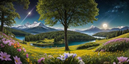 masterpiece, best quality, ultra-detailed, realistic, 8k, a pine tree, flowers fields, many kinds of flowers, a couple of rabbits on very distant, lakes, meadows, glitter, moonlight, out-of-this-world scenery, lifelike, naturalism, greatest naturalism photo, immaculate detailed realism photography, rich colors, best colors perfect composition, perfect colors, colorful, clear photo, intrigue nature panorama, delicate nature photo, immaculate micro-details nature elements, out-of-this-world scenery, landscape, flowers, crystal fantastic, breathtaking beautiful nature, unmatched beauty nature, more nature elements, rich nature elements, aesthetic, artistic style, surreal, insanely lifelike, top best naturalism photography, greatest detailed, intricate details, depth of field, no human, detailerlora,