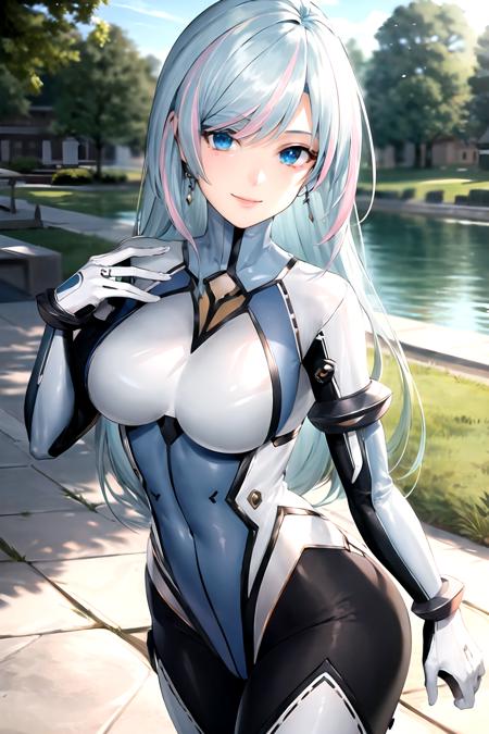 masterpiece, (best quality), vibrant colors ,natural lighting ,RTX, perfect proportions, beautiful, detailed face, (perfect eyes:1.1) ,(photorealistic:1.1), 8k uhd, outdoors, simple background, azura cecilia, 1girl, solo, long hair, blue eyes, gloves, jewelry, medium breasts, blue hair, pink hair, earrings, white gloves, streaked hair, bodysuit, hair behind ear, pilot suit, straight-on, Posing as if whispering a secret,  smile, footwear, <lora:AzuraCecilia:0.85>