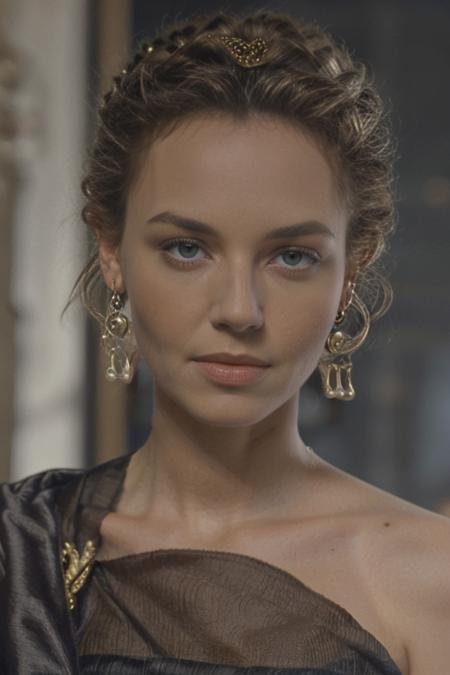 masterpiece, best quality, cinematic, volumetric lighting, very detailed, high resolution, sharp, sharp image, 4k, 8k, 35 mm,
<lora:Lucilla_Gladiator2000_ConnieNielsen_smf_lora_v02:0.9>, 1girl, l2c1l1a6l-smf, earrings, jewelry, solo, very short hair, makeup, lipstick, green eyes, black hair, single bun, curly hair, realistic, upper body, eyeshadow, hair bun, lips, brown hair, blurry, photo (medium), earrings, collarbone, necklace, black dress, black shawl, bare shoulders, portrait