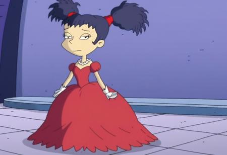 1girl, solo, kimi_finster, dark black hair, twin tails, white skin, princess make up, Very long large floor length wide straight tulle red long sleeved ball gown hoop skirt, ball gown hoop skirt, red princess dress, hoopdress, white pearl necklace, my big princess gypsy wedding dress, ballgown, a girl in a dress posing like a princess for a picture, looking at viewer, half closed eyes, closed mouth, she is posing, she is walking like a quinceanera model