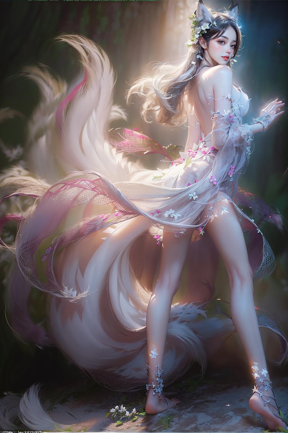 A woman with a white flowing dress and a long, fluffy tail.