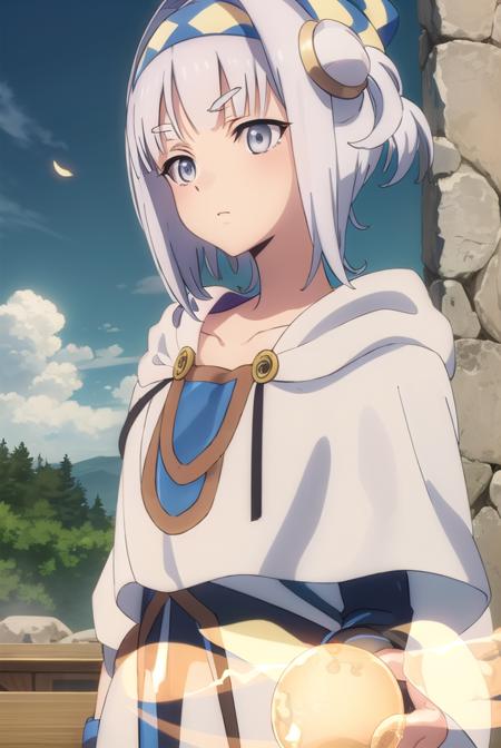 synelokk, <lora:syne lokk s3-lora-nochekaiser:1>,
syne lokk, short hair, bangs, hair ornament, white hair, hairband, side ponytail, (grey eyes:1.3),
BREAK collarbone, hood, cloak,
BREAK outdoors, forest, nature, sky, sun, clouds, trees, grass,
BREAK looking at viewer, (cowboy shot:1.5),
BREAK <lyco:GoodHands-beta2:1>, (masterpiece:1.2), best quality, high resolution, unity 8k wallpaper, (illustration:0.8), (beautiful detailed eyes:1.6), extremely detailed face, perfect lighting, extremely detailed CG, (perfect hands, perfect anatomy),