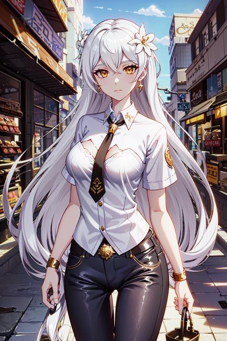 ultra high res,masterpiece,best quality,
1girl,<lora:Kiana_Magic Girl Sirin_v1:0.8>,magic girl sirin,hair flower,white shirt,jeans,standing,cowboy shot,necktie,earrings,
street,crowd,sunlight,shop,supermarket