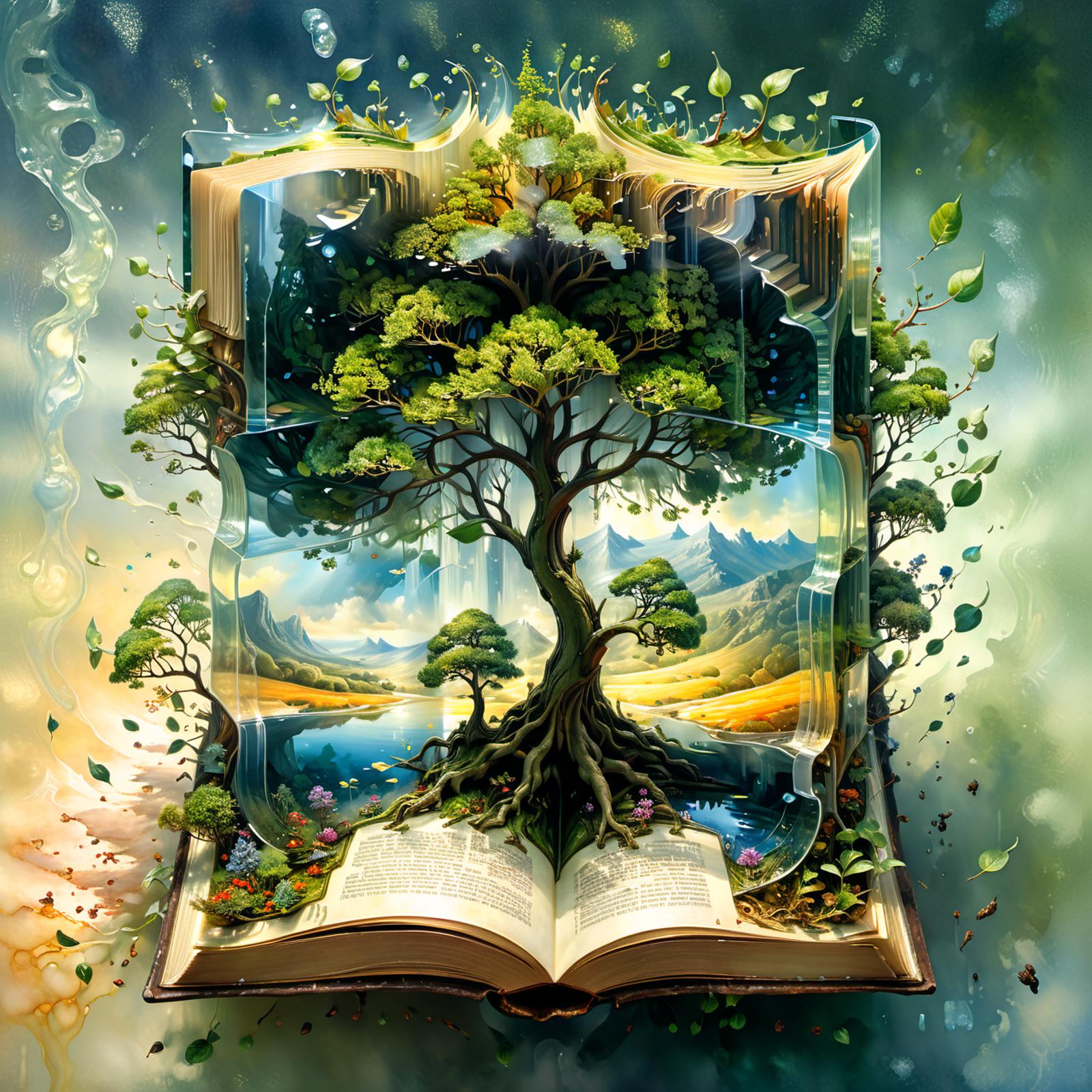 Book with a tree growing out of it, with a vibrant color palette and a serene landscape.