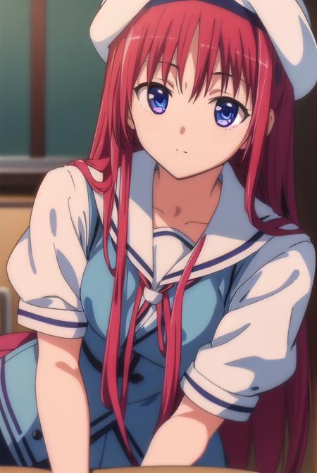 kotorishirakawa, <lora:kotorishirakawatest:1>,
kotori shirakawa, long hair, blue eyes, red hair,  (small breast:1.2),
BREAK skirt, hat, school uniform, short sleeves, socks, puffy sleeves, puffy short sleeves, beret,
BREAK looking at viewer,
BREAK indoors, classroom, 
BREAK <lora:GoodHands-vanilla:1>, (masterpiece:1.2), best quality, high resolution, unity 8k wallpaper, (illustration:0.8), (beautiful detailed eyes:1.6), extremely detailed face, perfect lighting, extremely detailed CG, (perfect hands, perfect anatomy),