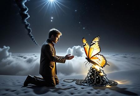 lazypos, gl0w, 
A surrealism artwork depicting a kneeling man in profile, his head replaced by a fractured, many-hued star emitting a soft, ethereal glow. His outstretched hands reach toward a tiny, radiant butterfly, the sole source of warm illumination in the scene. Chains bind his wrists, symbolizing confinement. The background is a desolate, muted gray landscape, enveloped in soft volumetric fog and subtle particles. The grayscale palette is punctuated by the butterfly's golden glow and the star's vibrant colors, evoking a surreal, dreamlike atmosphere with hints of the macabre. The composition conveys themes of isolation, hope, and the longing for liberation