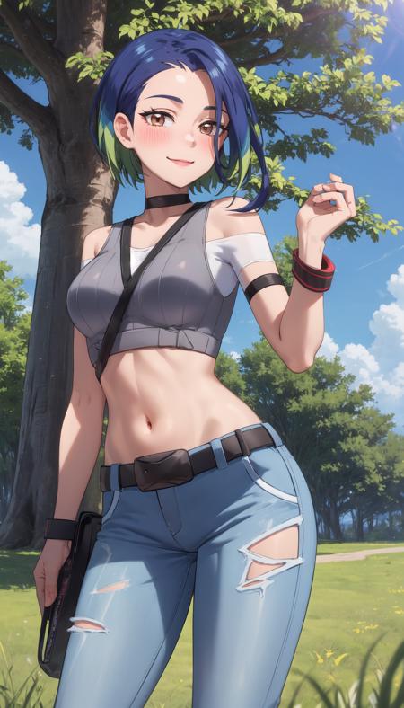 cinematic lighting, <lyco:lighting_loha:0.2>, masterpiece, cowboy shot, blush, eyelashes,
BREAK  Perrin, 1girl, solo, navel, crop top, torn pants, midriff, belt, choker, shirt, jeans, standing, looking at viewer, light smile, wristbands
meadow, trees, grass, blue sky, clouds,