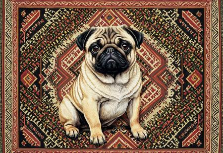 sfw, PG, high detail, high quality, dramatic lighting, detailed background, masterpiece, detailed masterpiece, best quality, Graphic details, perfect, adrr-zrb,  tapestry pug guarding, patterns, intricate weavings, rich colors, rich color pattern