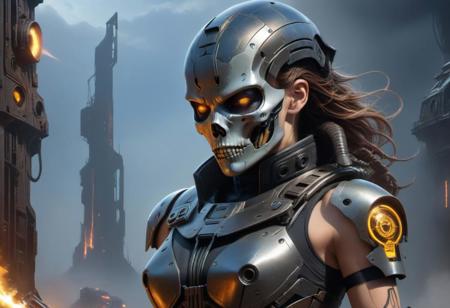 JuggernautNegative, <lora:xl_yamer_style-2.0:1>"Create a close-up 4K highly detailed digital artwork featuring a mystical post-apocalyptic cyborg holding a gun. Blend elements of cyberpunk dark fantasy with epic sci-fi character art, drawing inspiration from Borderlands for detailed renderings. The artwork should evoke an edgy, advanced cyberpunk aesthetic, showcasing a cyberpunk skeleton in a sci-fi adventure setting. Focus on intricate details and vivid colors to create an epic and visually striking 4K digital art piece."