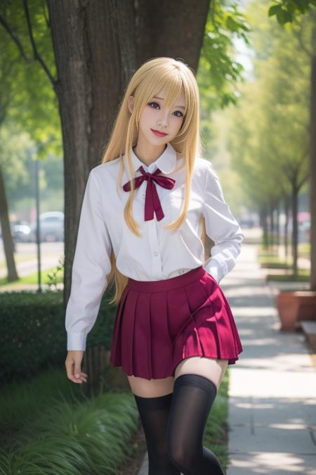 doma umaru, 1girl,cosplay, solo,school uniform,  very long hair, parted bangs,blonde hair, red neck ribbon,white collared shirt,long sleeves, red pleated skirt, black thighhighs, loafers,