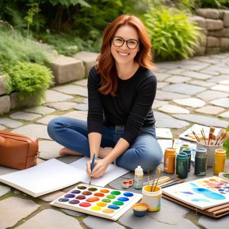 Realistic scene featuring a woman with reddish-brown hair sitting outdoors on stone pavement, engaging in a casual art workshop. She wears a black top, jeans, and tinted glasses, smiling warmly at the camera. Her art supplies are scattered around: a set of paints, brushes, notebooks, and bags. In the background, other people—adults and children—are gathered around art materials, drawing and painting on large sheets of paper spread on the ground. The environment has a relaxed and cheerful atmosphere, with greenery and a low stone wall framing the scene, while natural, diffuse daylight illuminates the space, creating a friendly and inviting ambiance.