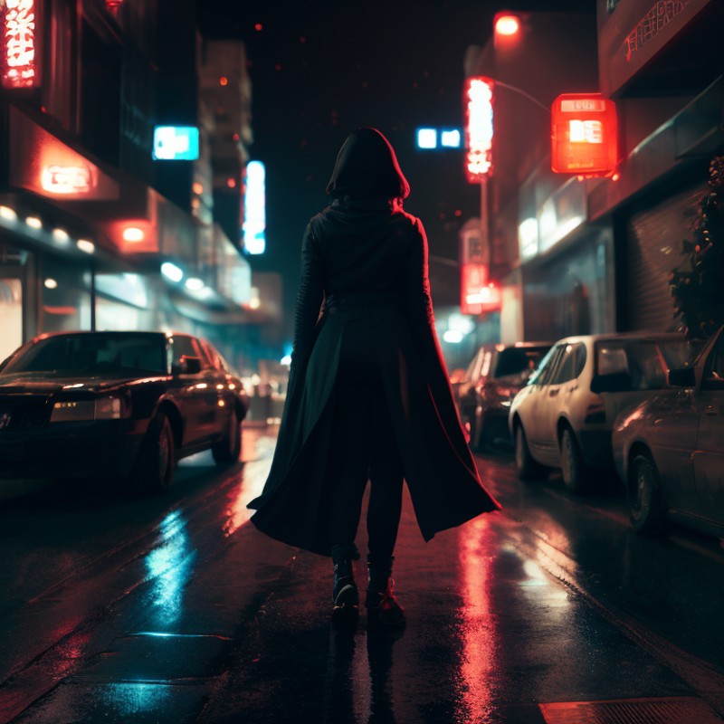 a woman standing on a city street at night,shot from back,cyberpunk art, inspired by Liam Wong, digital art, extremely det...