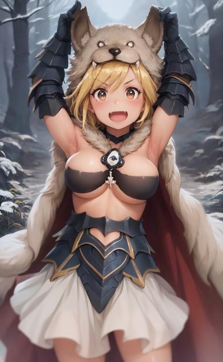 masterpiece, best quality, absurdres, illustration, 8k, perfect shadows, blush, skindentation,  hdr, cinematic lighting, cowboy shot, (shiny skin:1.2) perfect eyes, perfect face, (cute:1.1), eyelashes, lineart
Gao, 1girl, pelt, djeeta (granblue fantasy), solo, breasts, skirt, armor, , brown eyes, light smile, fang, fur-trimmed, gloves, arms up, open mouth,
forest, outdoors,