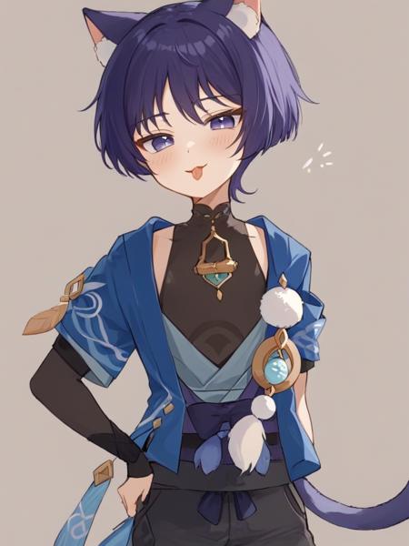 1boy, hat,black_shirt,  jingasa, short_hair, purple_eyes, shirt,  blue_headwear, smile, bangs, hand_on_headwear, sleeveless_shirt, mandarin_collar, sleeveless, purple_hair,short_sleeves, open_vest, open_clothes, hair_between_eyes, gold, official_alternate_costume, vest, adjusting_clothes, blue_vest, collarbone, necklace, jewelry, bridal_gauntlets