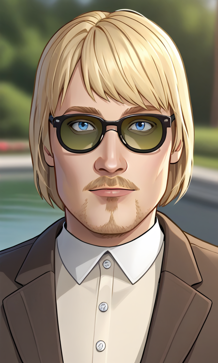 1man, blonde hair, bob hairstyle, beard stubble, bang, blue eyes, brown blazer, beige shirt, white pants, glasses