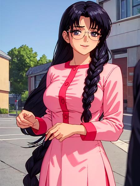 smile,looking at viewer,skirt liftdark-skinned female,suit,from below,street,arima_ayumi,long hair,black hair,25 year old woman, one pigtail,pink lip, glasses,pink suit,one braid,   <lora:ayumiOVA:0.5>,smile