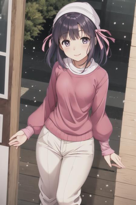 shiomiya shiori, hair ribbon, beanie, pink ribbed sweater, smile, white pupils, outside, winter, small breast, wide hips, 1girl, solo, pants, <lora:Shiomiya Shiori V1:0.6>