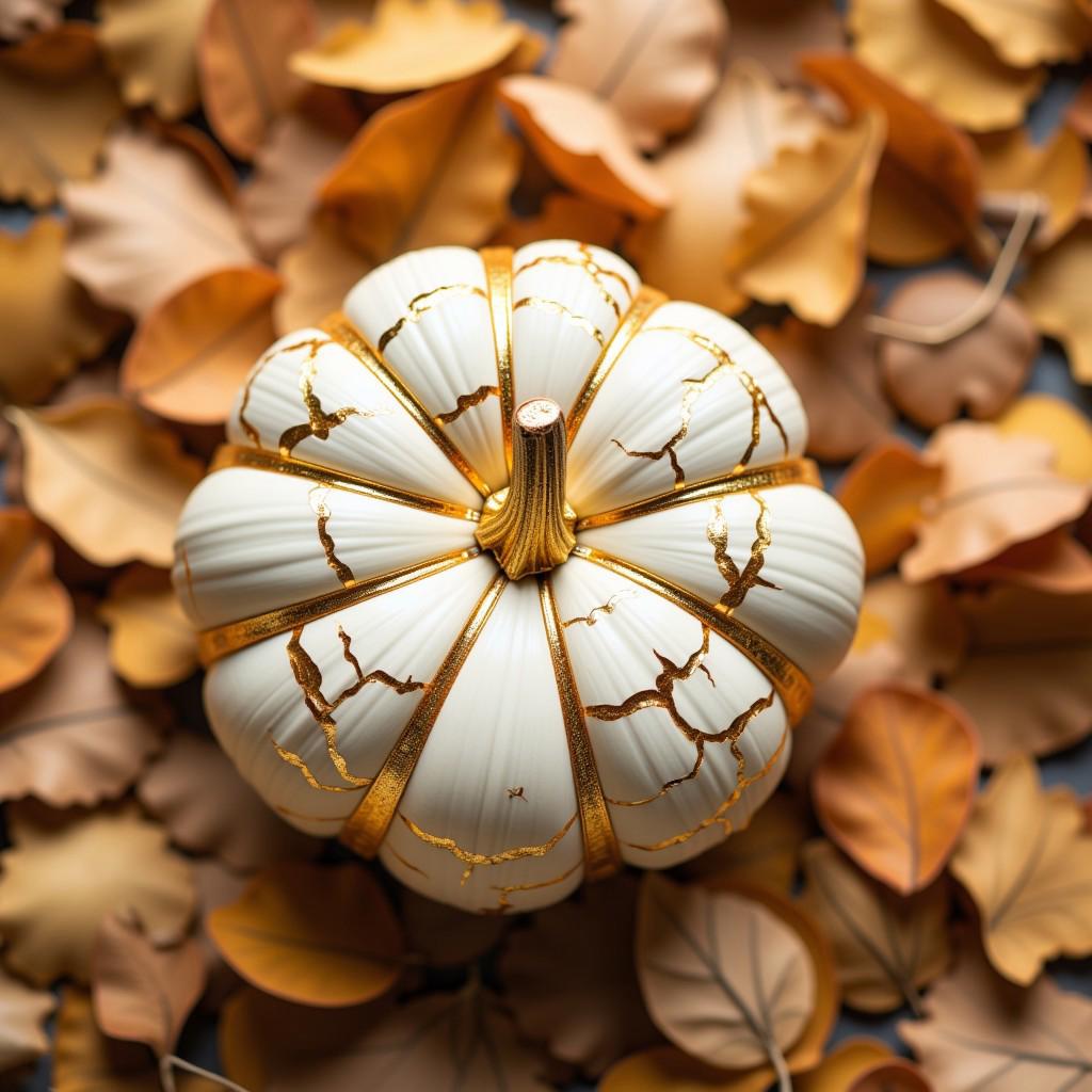 A close-up bokeh shot of a pumpkin composed of white and gold cracked golden joinery, fall decor, professional photograph, a background of gilded leaves