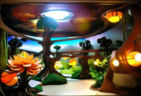 Photograph, masterpiece,best quality, of An astonishing award winning, art installation, the interior of an incredible starship, poly acrylic resin molded tree sculptures, fake plastic flowers, 1970s Brazilian Tropicalia retrofuturism, in the style of Pipilotti Rist, complex shadows, retro, science fiction style