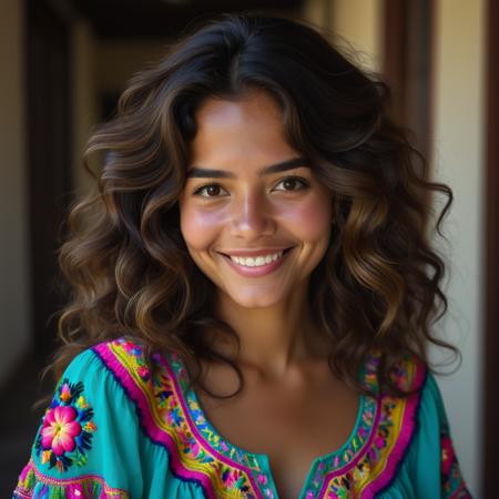 2d, A portrait of a young, vibrant Mexican woman with dark, wavy hair cascading over her shoulders. Her skin is a warm, golden brown, and her eyes are bright and expressive. She wears a colorful, embroidered blouse, and her smile is radiant and full of life., highly detailed, Secret, natural lighting, dark pastel, sad atmosphere <lora:usual-portrait-v2:.9>