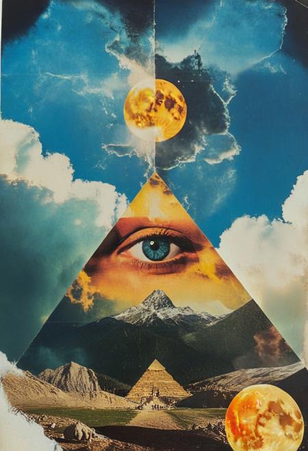 mountain, surreal,  double exposure, dark and moody ,colored all seeing eye pyramid made of ff-collage, film grain, high quality, dramatic ,poster, faint face, horror story style, sun and moon behind clouds