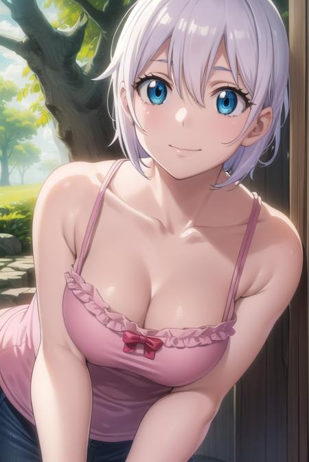 lisanna strauss, short hair, blue eyes, hair between eyes, white hair, bow, bare shoulders, collarbone, pants, red bow, denim, camisole, jeans, pink camisole, navel, animal ears, bare shoulders, collarbone, tail, bikini, strapless, facial mark, animal print, animal hands, whisker markings, tiger ears, tiger print, tiger tail, tiger stripes,