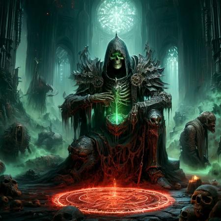 A Lich Knight, its skeletal form cloaked in ancient blackened armor and a tattered hooded cloak, eyes glowing with necrotic power. It stands amidst the shattered ruins of a desecrated cathedral, surrounded by a thick, sickly green miasma of poisonous gas. The air is choked with decay, and twisted runes glow faintly on its corroded armor. Its cracked sword pulses with dark energy, and a corrupted aura distorts the very air around it. Dark fantasy style, cinematic lighting, ominous atmosphere, extremely detailed digital painting.