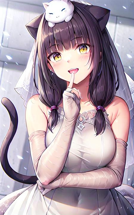 ((masterpiece)),(((best quality))), ((ultra-detailed)), ((illustration)), finely detail, extremely detailed CG unity 8k, highres, {beautiful detailed eyes}, finely detail,  beautiful detailed eyes, ((grasslands)),Smile
1girl, (solo:1.5), ((wedding dress,bridal veil, bridal gauntlets)), cat ears,((cat on head:1.5)), cat tail, cat hood, cat girl, standing,upper body,