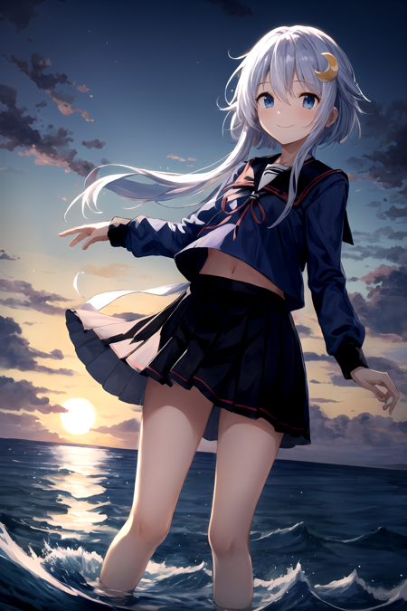 <lora:YayoiKancolle:0.85>, (short hair with long locks:1.1), crescent hair ornament, blue eyes, black serafuku, long sleeves, pleated skirt, hair between eyes, black sailor collar, white purple hair, (midriff:0.5), scenery, smiling, :>, standing, ocean, (best quality, masterpiece:1.4), 1girl