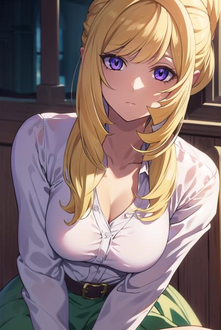 kudeliaainabernstein, <lyco:kudeliaLYCORIStest:1>,
kudelia aina bernstein, (purple eyes:1.1), long hair, blonde hair, bangs, blunt bangs, ponytail,
BREAK skirt, shirt, long sleeves, belt, long skirt, white shirt,  collar bone, green skirt,
BREAK looking at viewer,
BREAK indoors,
BREAK <lora:GoodHands-vanilla:1>, (masterpiece:1.2), best quality, high resolution, unity 8k wallpaper, (illustration:0.8), (beautiful detailed eyes:1.6), extremely detailed face, perfect lighting, extremely detailed CG, (perfect hands, perfect anatomy),