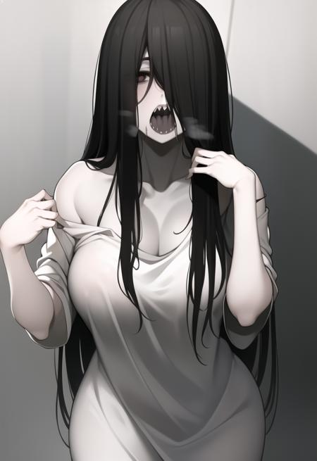 ((masterpiece)), (best quality), (absurdres), black hair, yamamura_sadako, white dress, (grey skin), hair over eyes, eyes covered, looking at viewer, mouth open, sharp teeth <lora:sadako_v3:0.9>