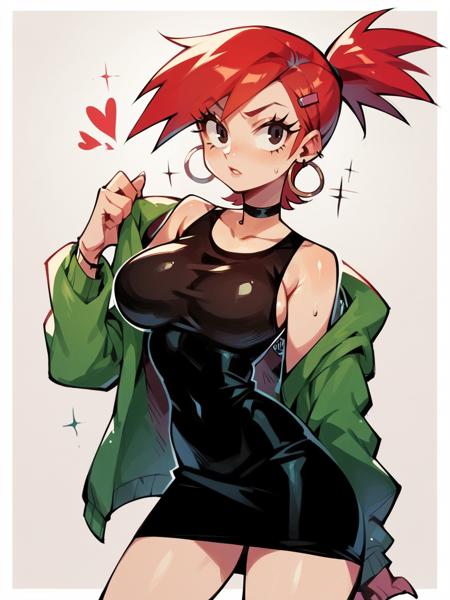 frankie foster, 1girl, solo, skirt, red hair, midriff, skirt, jacket