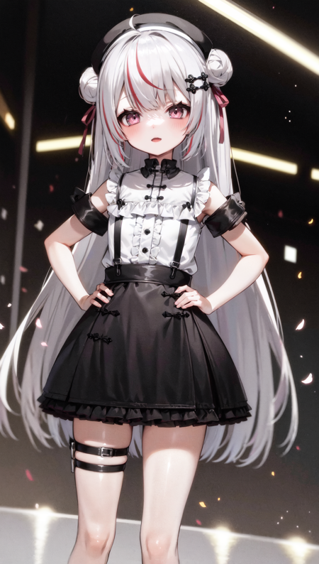 Shanoa shanoa_black, black bow, black ribbon, hairclip, black dress, off-shoulder, single thighhigh, shanoa_white, very long hair, double buns, white shirt, black skirt, hair ornament, cat ears, cat tail, shanoa_blue, x hair ornament, very long hair, low twintails, school uniform, serafuku, blue skirt, white pantyhose,