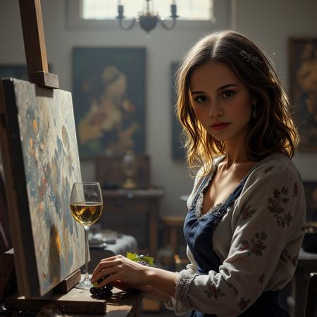cinematic photo cinematic style, beauty, realism, photorealism, chiaroscuro, high quality, nai23face, a woman painting a still life of wine and grapes in a bright art studio, with a half-empty glass of wine beside her easel. 35mm photograph, film, bokeh, professional, 4k, highly detailed