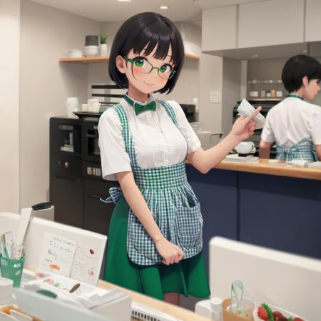 best quality, ultra-detailed, illustration,
1girl, glasses, black hair, medium hair, medium breasts, smile, blush, standing, looking at viewer, 
KSU,  short sleeves, black hair, short hair, apron, shirt, indoors, white shirt,  plaid, food, gingham apron, gingham, green skirt, green bowtie, 
 <lora:kobeya_stazzo_U_SD15_V4:1>