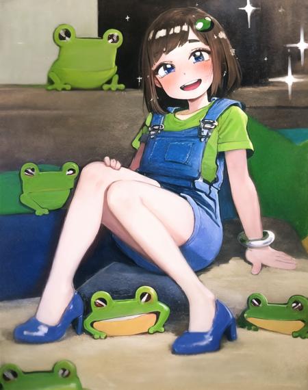 realistic photo of 1girl,  blue eyes, blue overalls, blush, bracelet, brown hair, frog, full body, green shirt, hair ornament, jewelry, overall shorts, overalls, short sleeves, smile, solo, sparkle, lily hopkins, highres, (frogs:1.1),  <lora:my_LoRA_lilyhopkins_v1:0.6>  lozhkin, big smile, open mouth, accurate teeth with gaps <lora:lozhkin_V1:0.6>,  stiletto heels, thighs, <lora:my_LoRA_stilettoHeels_v1:0.6>